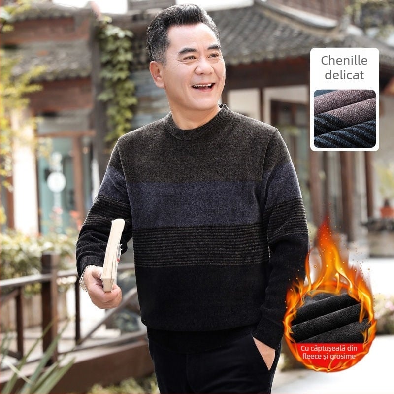 Pulover bărbați din chenille cu guler înalt, căptușit cu fleece, gros, mâneci lungi, țesătură 85% poliester.