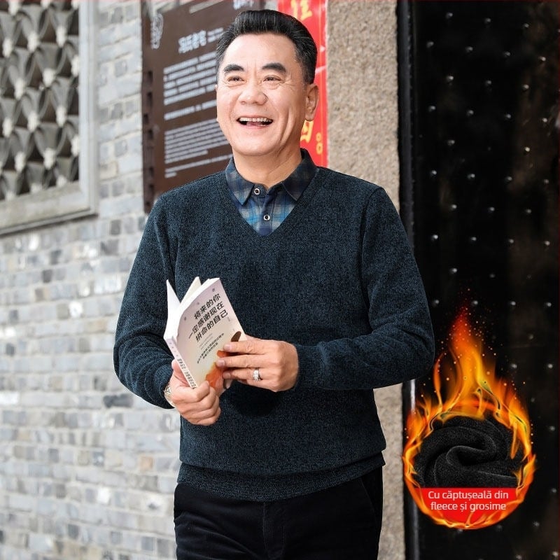 Pulover bărbați din chenille cu guler înalt, căptușit cu fleece, gros, mâneci lungi, țesătură 85% poliester.