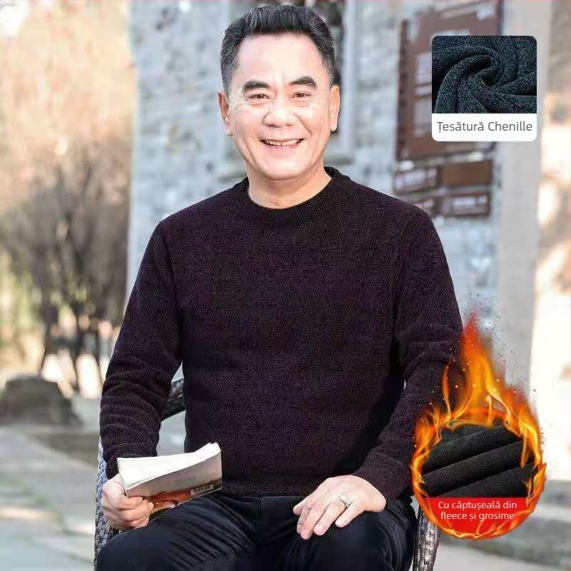 Pulover bărbați din chenille cu guler înalt, căptușit cu fleece, gros, mâneci lungi, țesătură 85% poliester.