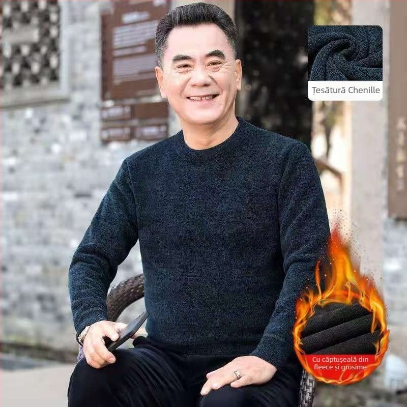 Pulover bărbați din chenille cu guler înalt, căptușit cu fleece, gros, mâneci lungi, țesătură 85% poliester.