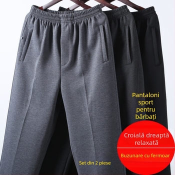 Pantaloni casual pentru bărbați, talie înaltă, căptușiți cu fleece, croială lejeră, picior drept, țesătură poliester