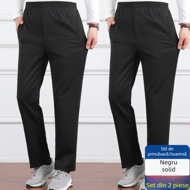 Pantaloni casual pentru bărbați, talie înaltă, căptușiți cu fleece, croială lejeră, picior drept, țesătură poliester