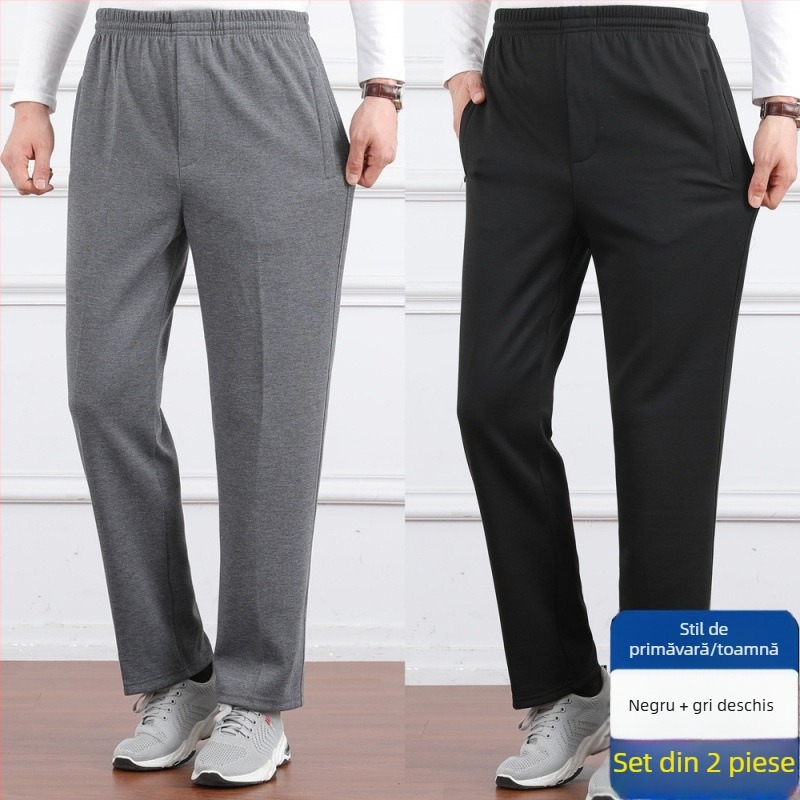 Pantaloni casual pentru bărbați, talie înaltă, căptușiți cu fleece, croială lejeră, picior drept, țesătură poliester