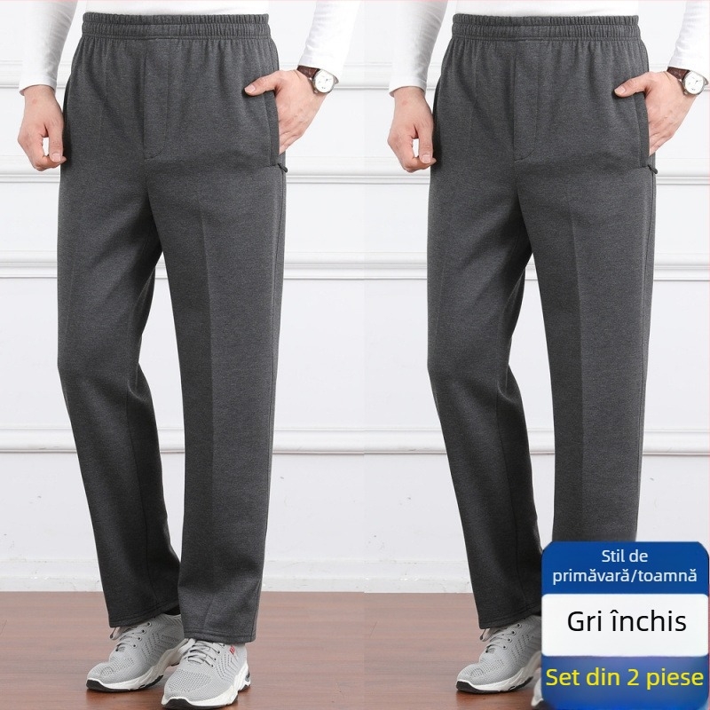 Pantaloni casual pentru bărbați, talie înaltă, căptușiți cu fleece, croială lejeră, picior drept, țesătură poliester