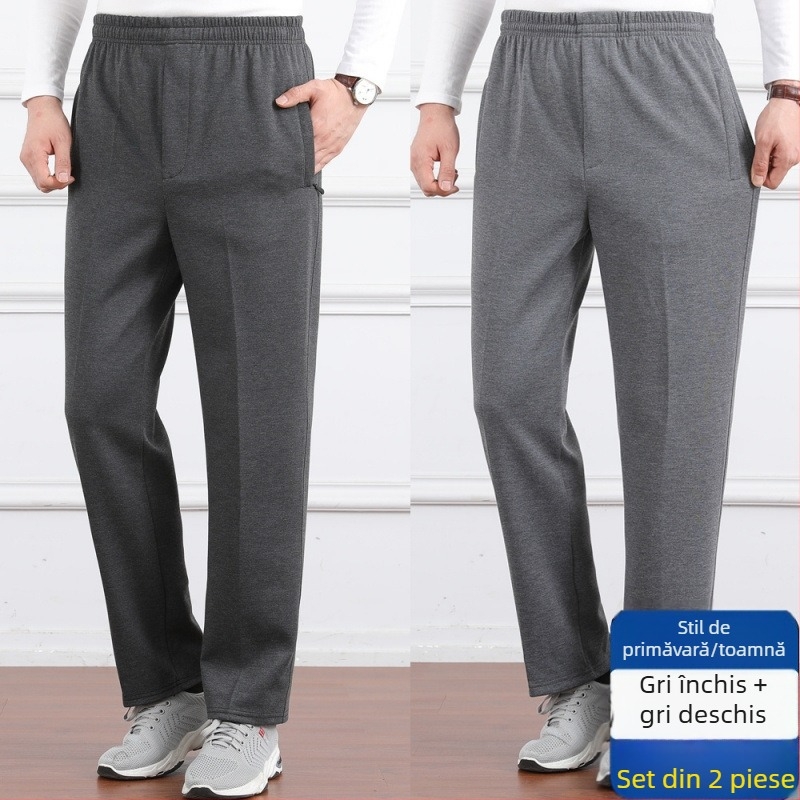 Pantaloni casual pentru bărbați, talie înaltă, căptușiți cu fleece, croială lejeră, picior drept, țesătură poliester