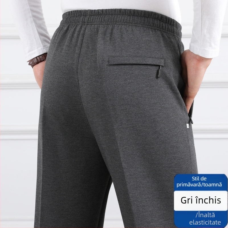 Pantaloni casual pentru bărbați, talie înaltă, căptușiți cu fleece, croială lejeră, picior drept, țesătură poliester