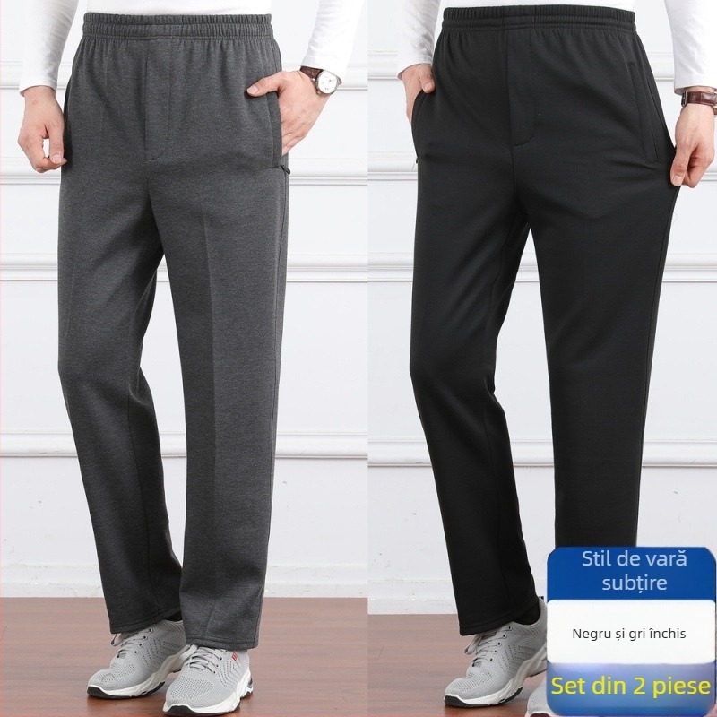 Pantaloni casual pentru bărbați, talie înaltă, căptușiți cu fleece, croială lejeră, picior drept, țesătură poliester