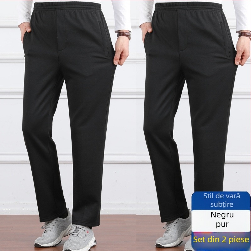 Pantaloni casual pentru bărbați, talie înaltă, căptușiți cu fleece, croială lejeră, picior drept, țesătură poliester