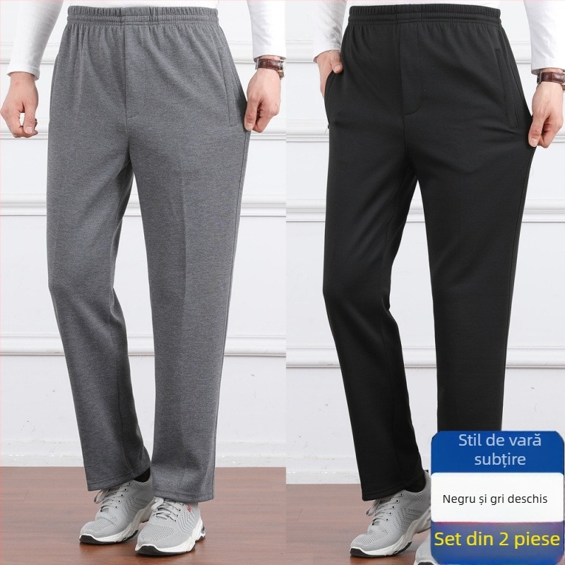 Pantaloni casual pentru bărbați, talie înaltă, căptușiți cu fleece, croială lejeră, picior drept, țesătură poliester