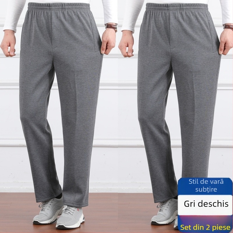 Pantaloni casual pentru bărbați, talie înaltă, căptușiți cu fleece, croială lejeră, picior drept, țesătură poliester