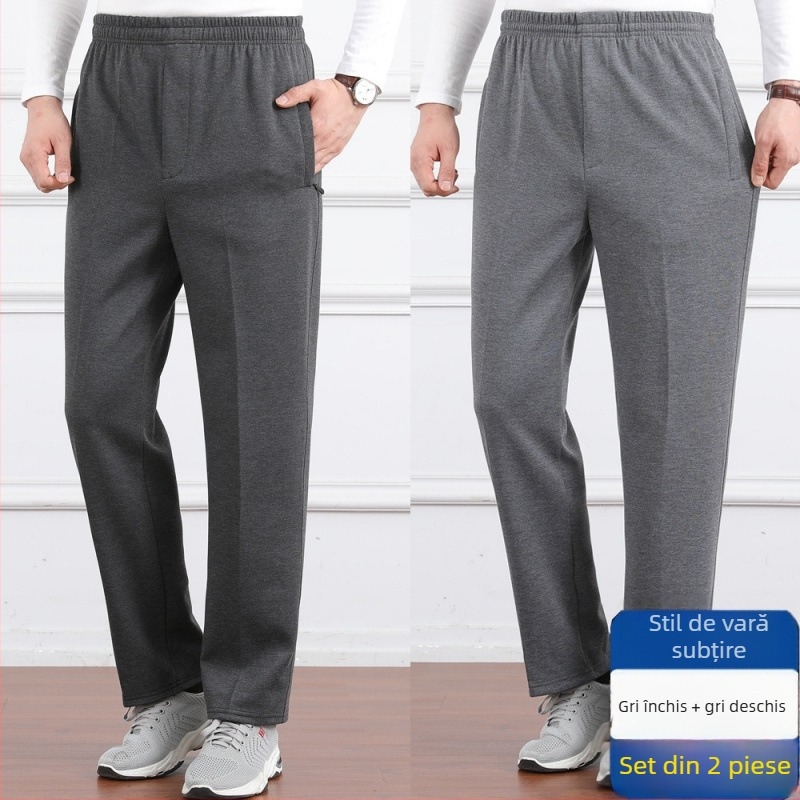 Pantaloni casual pentru bărbați, talie înaltă, căptușiți cu fleece, croială lejeră, picior drept, țesătură poliester