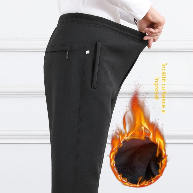 Pantaloni casual pentru bărbați, talie înaltă, căptușiți cu fleece, croială lejeră, picior drept, țesătură poliester