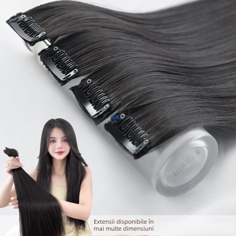 Fragment de perucă Yuxinde, păr drept, breton cu parcare medie, extensie ușoară cu clips pentru volum, fibre rezistente la temperaturi înalte