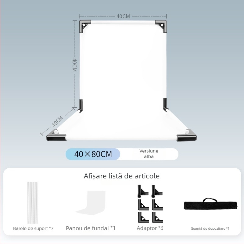 Suport de fundal pentru fotografia produselor, metal și PVC, greutate 1 kg, include tijă de susținere, adaptor, placă de fundal, geantă de transport, manual de instrucțiuni