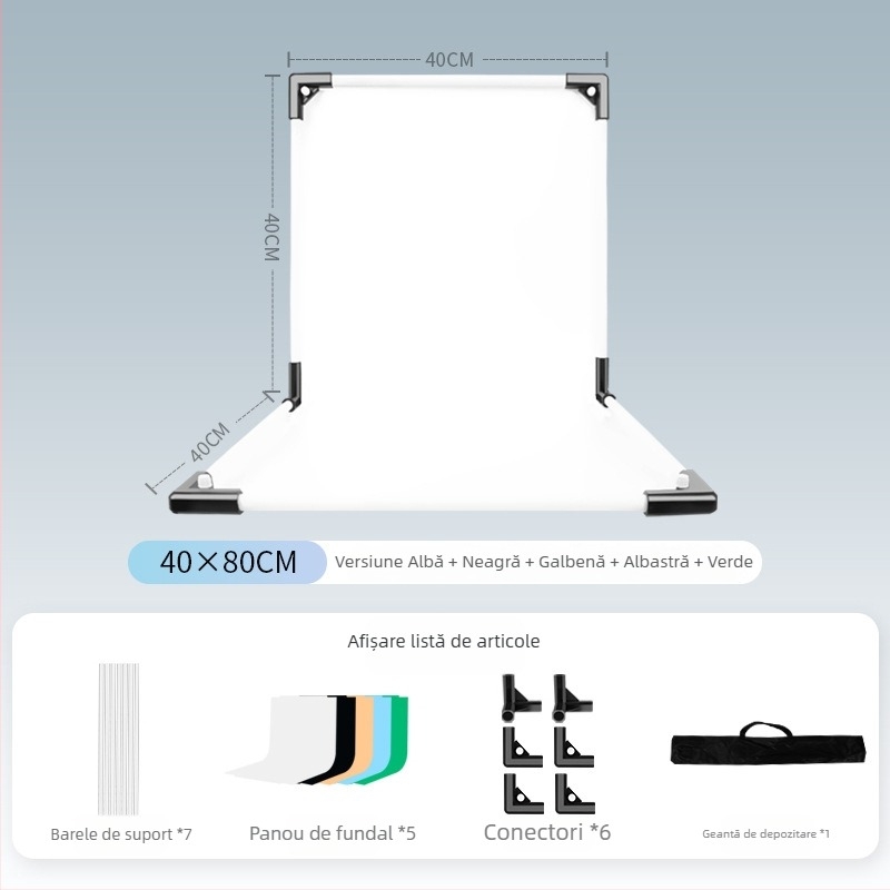Suport de fundal pentru fotografia produselor, metal și PVC, greutate 1 kg, include tijă de susținere, adaptor, placă de fundal, geantă de transport, manual de instrucțiuni