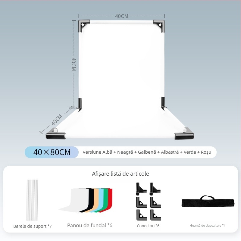 Suport de fundal pentru fotografia produselor, metal și PVC, greutate 1 kg, include tijă de susținere, adaptor, placă de fundal, geantă de transport, manual de instrucțiuni