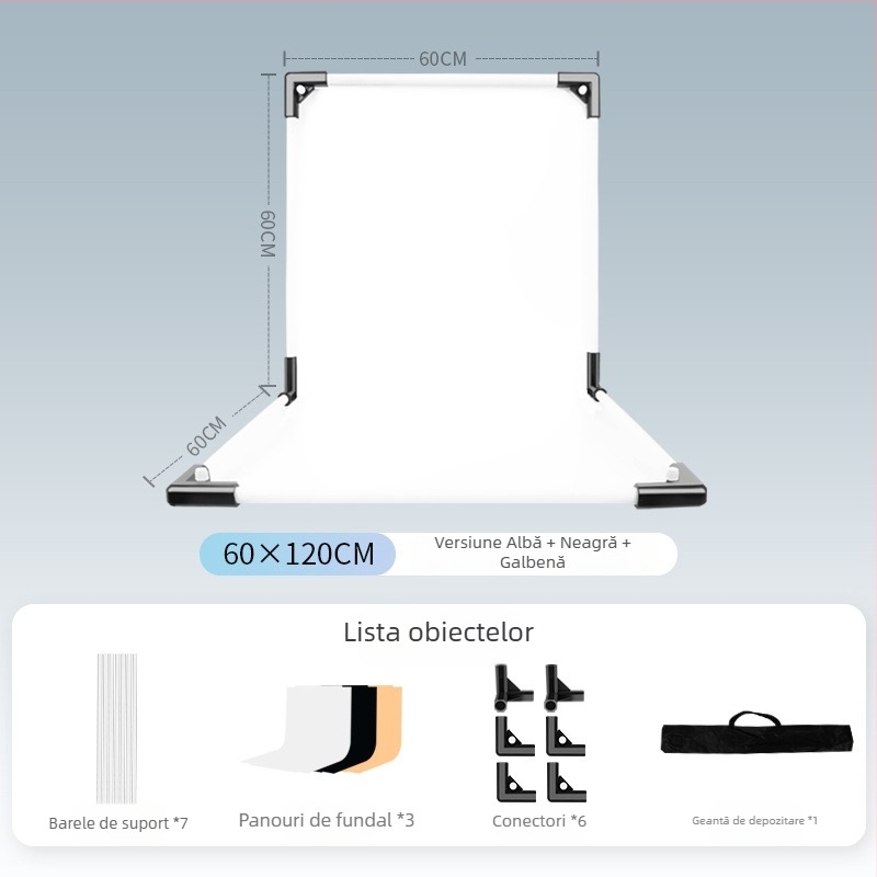 Suport de fundal pentru fotografia produselor, metal și PVC, greutate 1 kg, include tijă de susținere, adaptor, placă de fundal, geantă de transport, manual de instrucțiuni