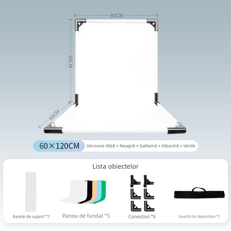 Suport de fundal pentru fotografia produselor, metal și PVC, greutate 1 kg, include tijă de susținere, adaptor, placă de fundal, geantă de transport, manual de instrucțiuni