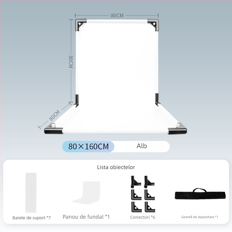 Suport de fundal pentru fotografia produselor, metal și PVC, greutate 1 kg, include tijă de susținere, adaptor, placă de fundal, geantă de transport, manual de instrucțiuni