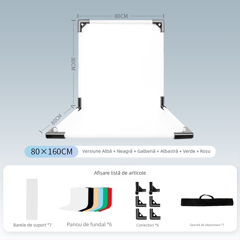 Suport de fundal pentru fotografia produselor, metal și PVC, greutate 1 kg, include tijă de susținere, adaptor, placă de fundal, geantă de transport, manual de instrucțiuni