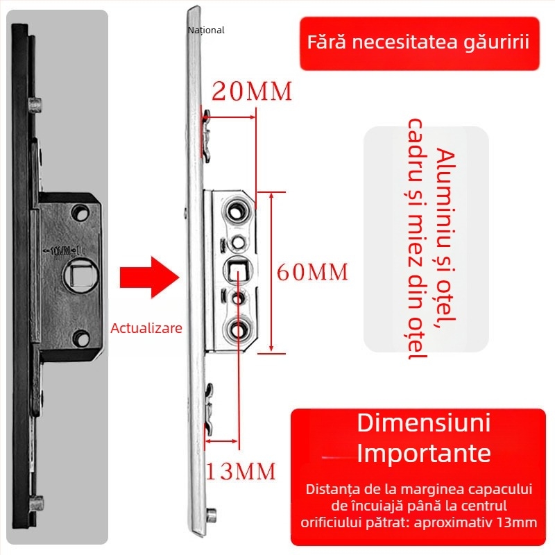 Casetă de încuietoare din aliaj de aluminiu pentru ferestre cu deschidere batantă, corp de încuietoare de transmisie și cilindru telescopic, accesorii de legătură