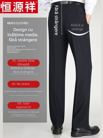 Pantaloni casual pentru bărbați din lână, croi drept lejer, talie înaltă, fără călcare, culoare solidă.