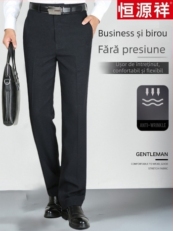 Pantaloni casual pentru bărbați din lână, croi drept lejer, talie înaltă, fără călcare, culoare solidă.