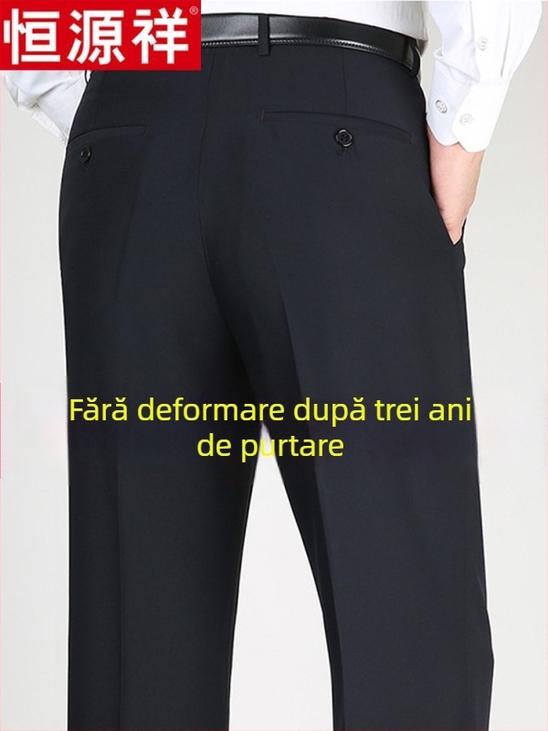 Pantaloni casual pentru bărbați din lână, croi drept lejer, talie înaltă, fără călcare, culoare solidă.