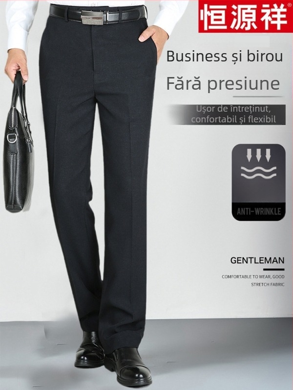 Pantaloni casual pentru bărbați din lână, croi drept lejer, talie înaltă, fără călcare, culoare solidă.