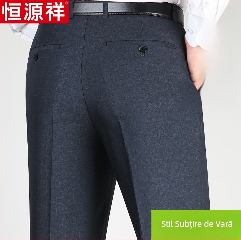 Pantaloni casual pentru bărbați din lână, croi drept lejer, talie înaltă, fără călcare, culoare solidă.