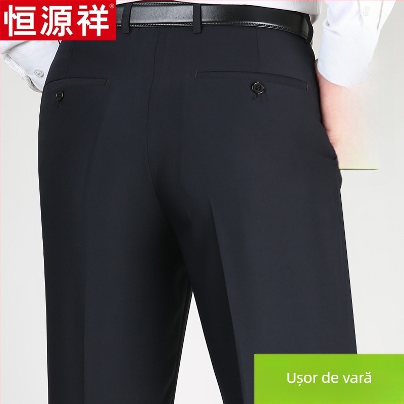 Pantaloni casual pentru bărbați din lână, croi drept lejer, talie înaltă, fără călcare, culoare solidă.