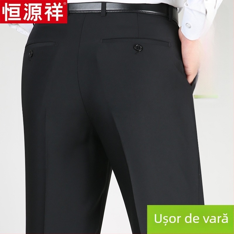 Pantaloni casual pentru bărbați din lână, croi drept lejer, talie înaltă, fără călcare, culoare solidă.