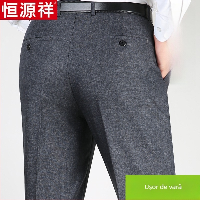 Pantaloni casual pentru bărbați din lână, croi drept lejer, talie înaltă, fără călcare, culoare solidă.