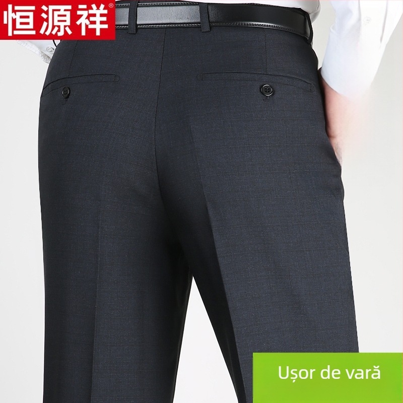 Pantaloni casual pentru bărbați din lână, croi drept lejer, talie înaltă, fără călcare, culoare solidă.