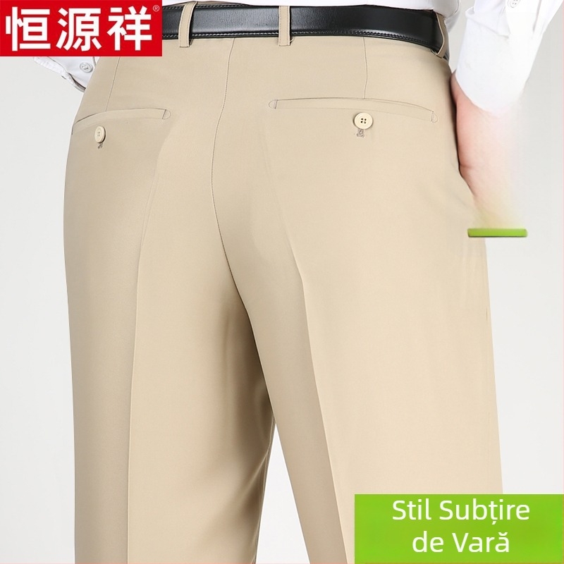 Pantaloni casual pentru bărbați din lână, croi drept lejer, talie înaltă, fără călcare, culoare solidă.