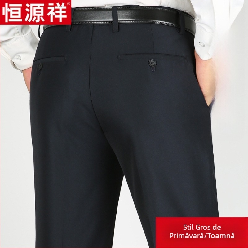 Pantaloni casual pentru bărbați din lână, croi drept lejer, talie înaltă, fără călcare, culoare solidă.