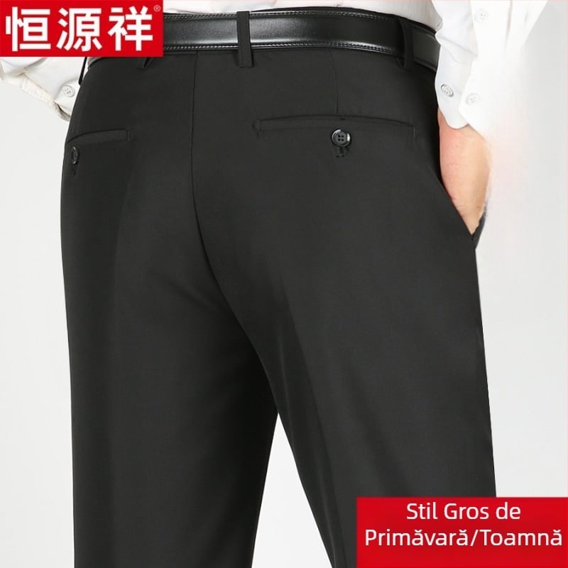 Pantaloni casual pentru bărbați din lână, croi drept lejer, talie înaltă, fără călcare, culoare solidă.