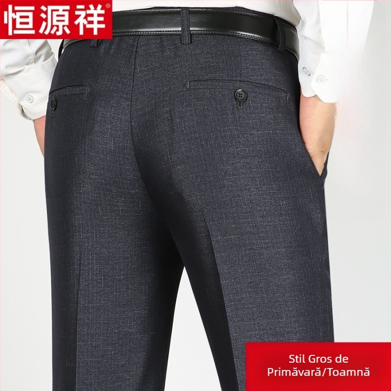 Pantaloni casual pentru bărbați din lână, croi drept lejer, talie înaltă, fără călcare, culoare solidă.