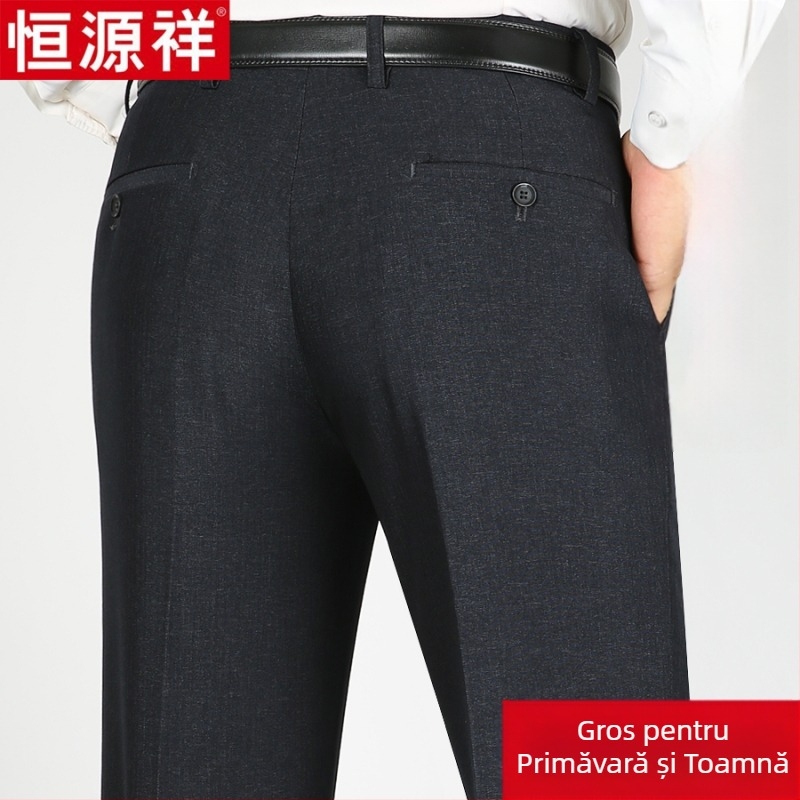 Pantaloni casual pentru bărbați din lână, croi drept lejer, talie înaltă, fără călcare, culoare solidă.