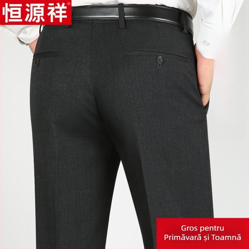 Pantaloni casual pentru bărbați din lână, croi drept lejer, talie înaltă, fără călcare, culoare solidă.