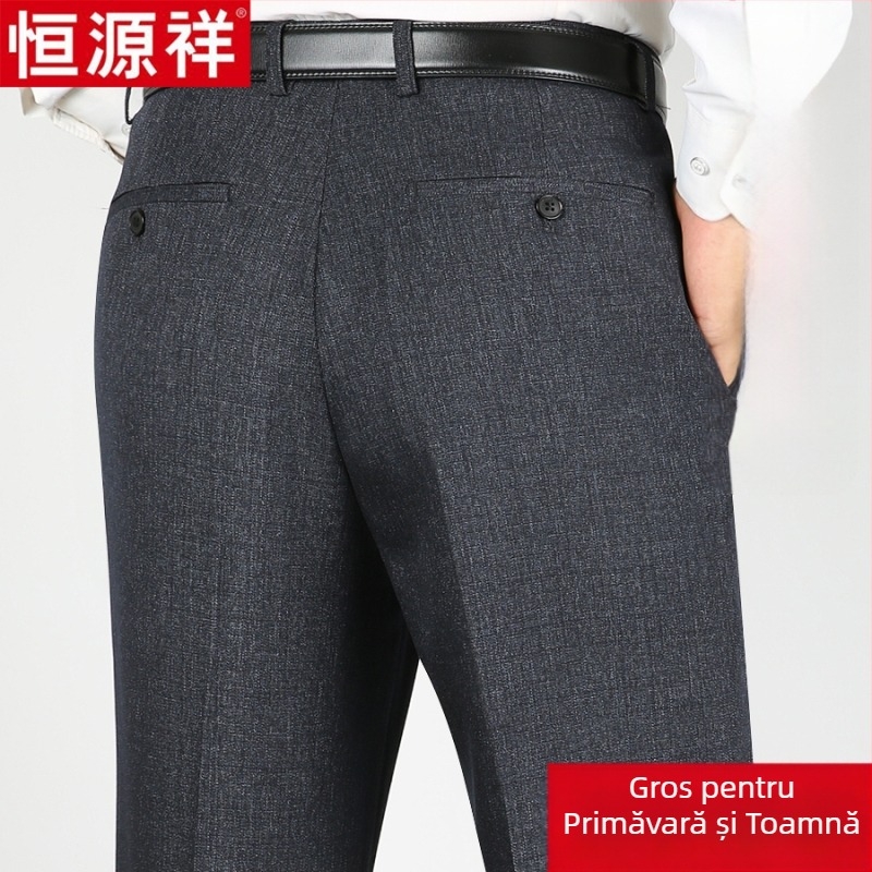 Pantaloni casual pentru bărbați din lână, croi drept lejer, talie înaltă, fără călcare, culoare solidă.