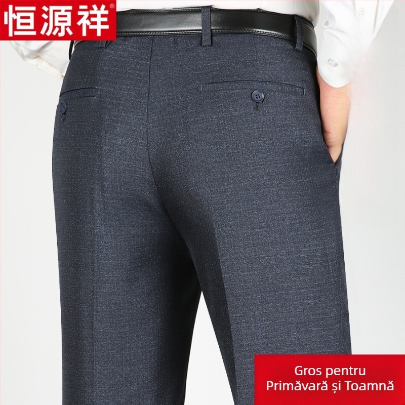 Pantaloni casual pentru bărbați din lână, croi drept lejer, talie înaltă, fără călcare, culoare solidă.