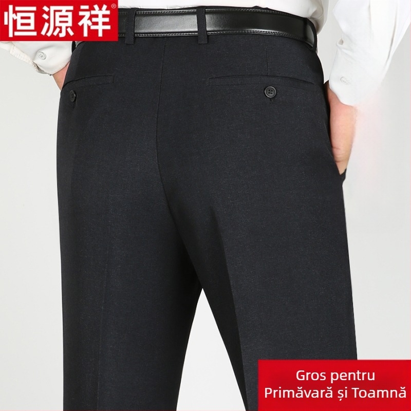 Pantaloni casual pentru bărbați din lână, croi drept lejer, talie înaltă, fără călcare, culoare solidă.