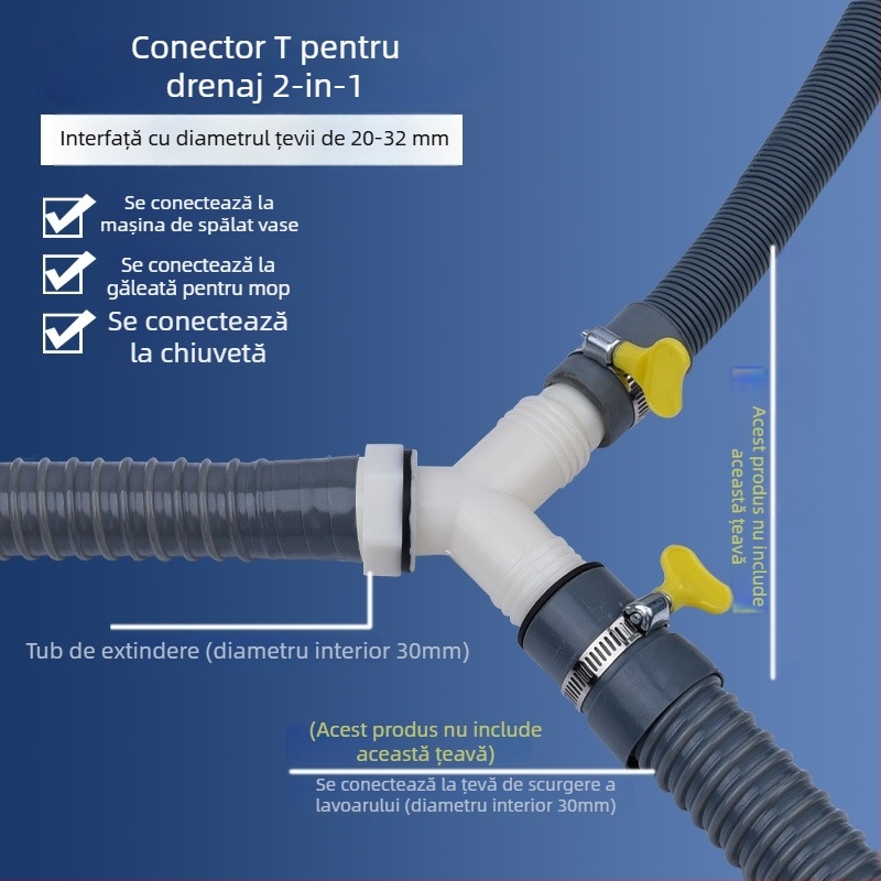 Conductă de drenaj pentru mașina de spălat, ramificație în formă de Y, furtun extensibil cu trei capete, racord pentru podea (Brand: altă; Certificare: Niciuna; Material: elemente implicite; Stil: modern și minimalist)