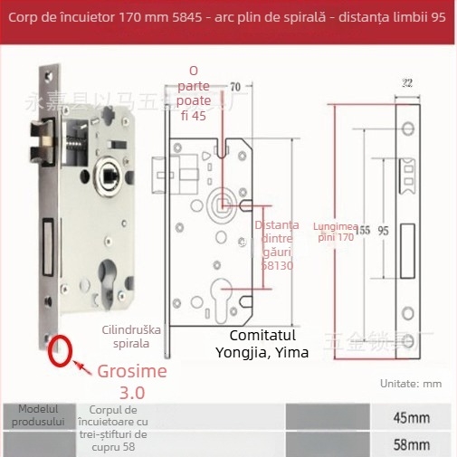 Corp de mâner pentru uși din lemn interior — încuietoare mecanică, montaj încastrat, cilindru universal, modele 5045/5845/7255