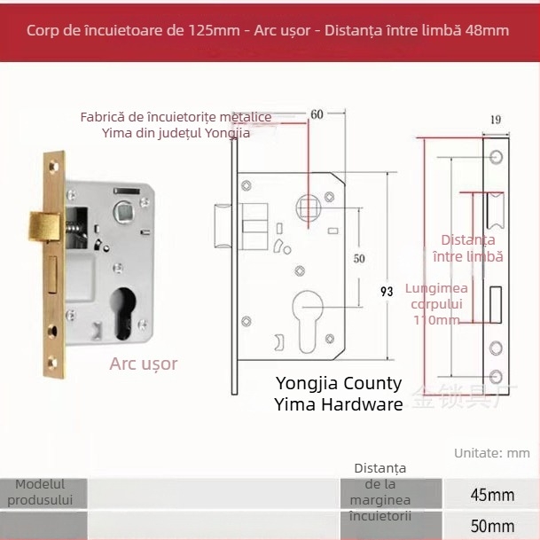 Corp de mâner pentru uși din lemn interior — încuietoare mecanică, montaj încastrat, cilindru universal, modele 5045/5845/7255