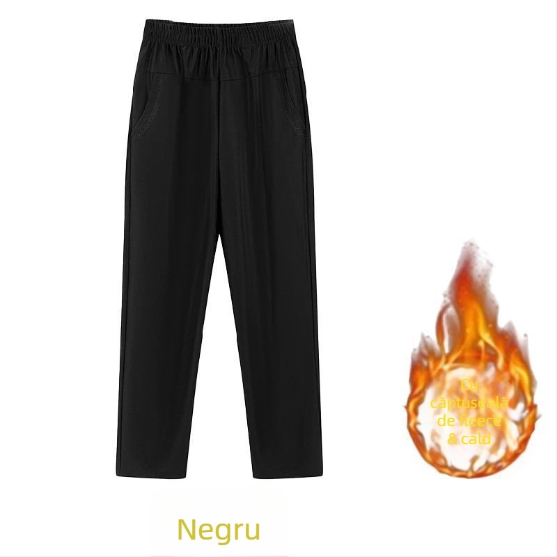 Pantaloni drepți casual pentru femei de vârstă mijlocie, talie înaltă, căptușeală groasă de fleece, material bambus/Lyocell