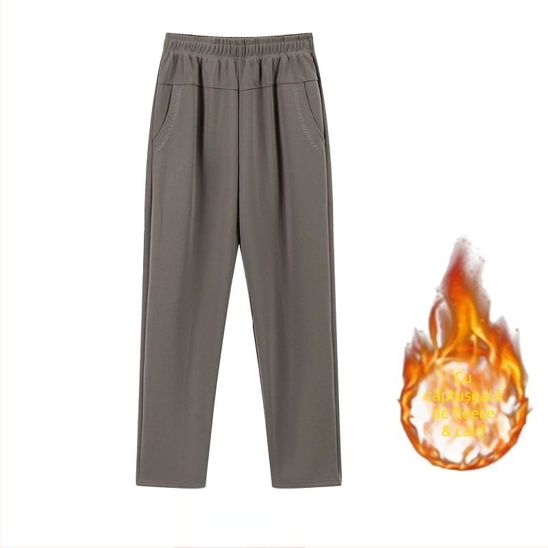 Pantaloni drepți casual pentru femei de vârstă mijlocie, talie înaltă, căptușeală groasă de fleece, material bambus/Lyocell