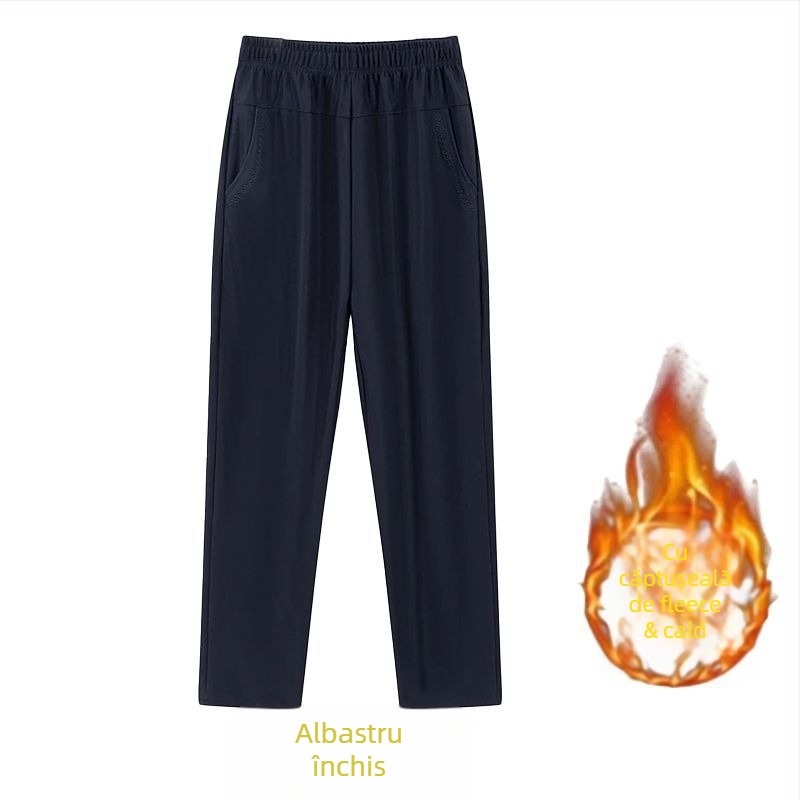 Pantaloni drepți casual pentru femei de vârstă mijlocie, talie înaltă, căptușeală groasă de fleece, material bambus/Lyocell