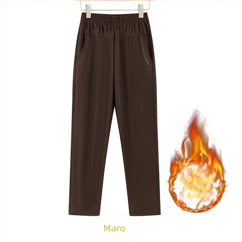 Pantaloni drepți casual pentru femei de vârstă mijlocie, talie înaltă, căptușeală groasă de fleece, material bambus/Lyocell